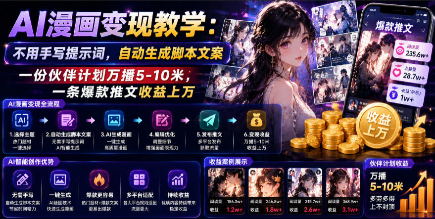 AI漫画变现教学：不用手写提示词，自动生成脚本文案，一份伙伴计划万播5-10米，一条爆款推文收益上W-选优云网创