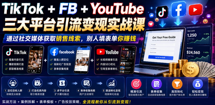 TikTok+FB+YouTube三大平台引流变现实战课，通过社交媒体获取销售线索，别人填表单你賺钱【原创双语字幕】-选优云网创