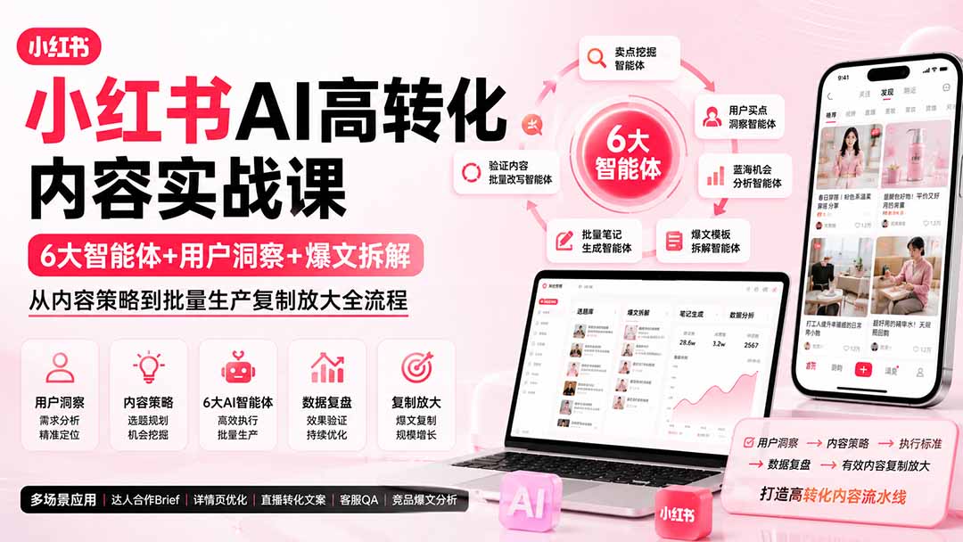 小红书AI高转化内容实战课：6大智能体+用户洞察+爆文拆解，从内容策略到批量生产复制放大全流程-选优云网创