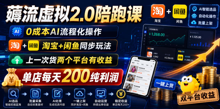 薅流虚拟2.0陪跑课，0成本AI流程化操作，淘宝+闲鱼同步玩法，上一次货两个平台有收益，单店每天200纯利润-选优云网创