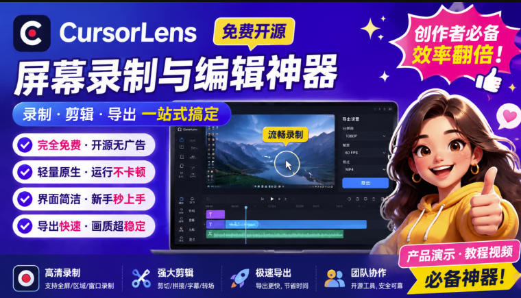 CursorLens免费开源录屏工具，支持自动缩放，教程视频录制必备神器-选优云网创