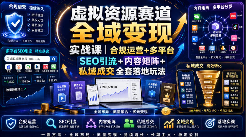 虚拟资源赛道全域变现实战课|合规运营+多平台SEO引流+内容矩阵+私域成交全套落地玩法-选优云网创