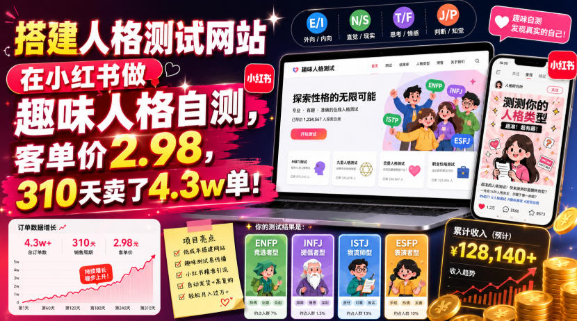 搭建人格测试网站在小红书做趣味人格自测，客单价2.98，310天卖了4.3w单！-选优云网创