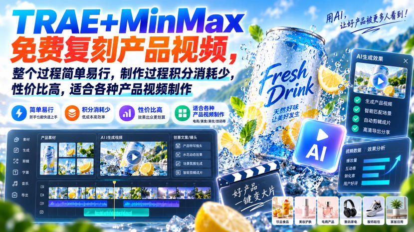 TRAE+MinMax免费复刻产品视频，整个过程简单易行，制作过程积分消耗少，性价比高，适合各种产品视频制作-选优云网创
