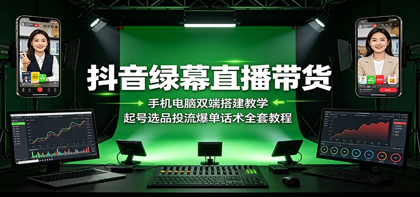 抖音绿幕直播带货：手机电脑双端搭建教学，起号选品投流爆单话术全套教程-选优云网创
