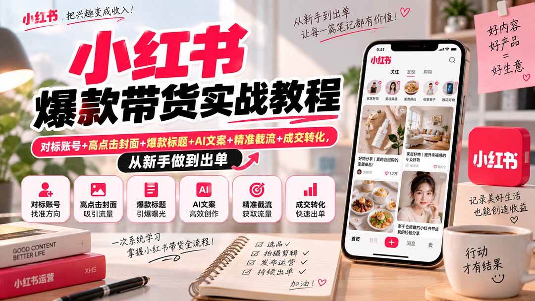 （20473期）小红书爆款带货实战教程｜对标账号+高点击封面+爆款标题+AI文案+精准截流+成交转化，从新手做到出单-选优云网创