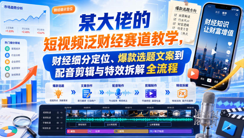 某大佬的短视频泛财经赛道教学，财经细分定位、爆款选题文案到配音剪辑与特效拆解全流程-选优云网创