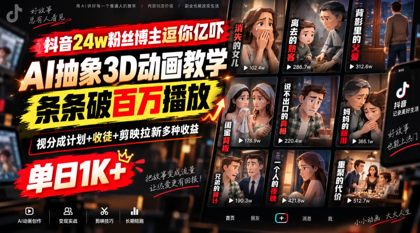 抖音24w粉丝博主逗你亿吓AI抽象3D动画教学，条条破百万播放，分成计划+收徒+剪映拉新多种收益，单日1K+-选优云网创