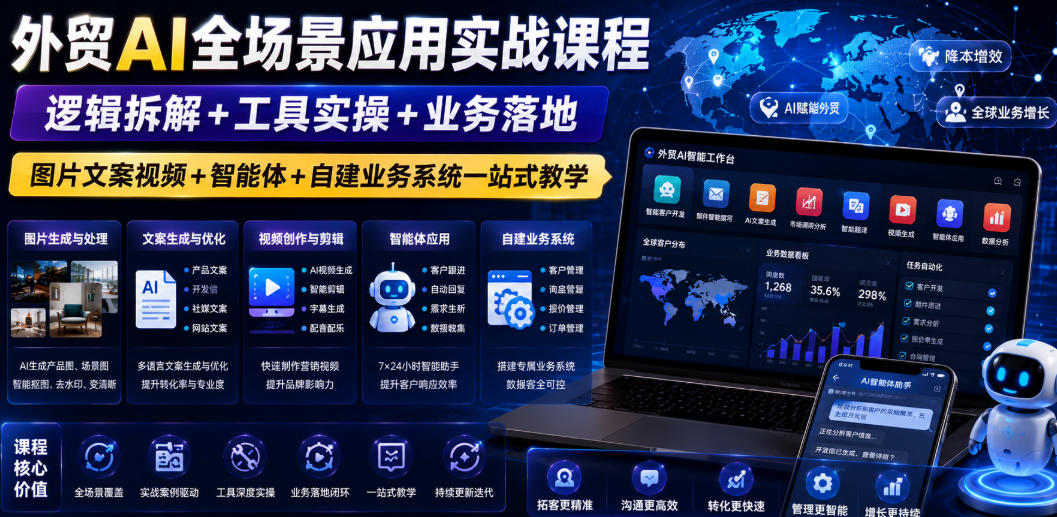 外贸AI全场景应用实战课程｜逻辑拆解+工具实操+业务落地，图片文案视频+智能体+自建业务系统一站式教学-选优云网创