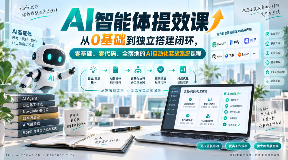 AI智能体提效课，从0基础到独立搭建闭环，零基础、零代码、全落地的AI自动化实战系统课程-选优云网创