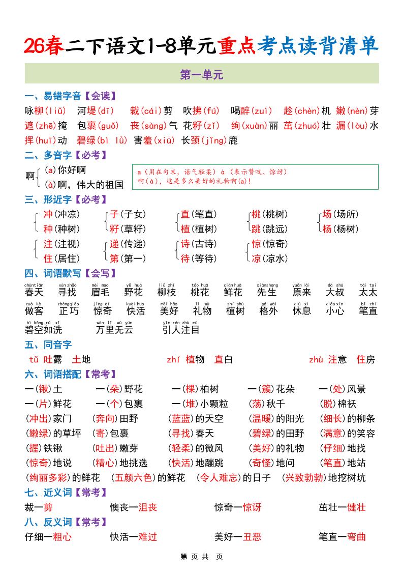二年级下语文期末复习1-8单元重点考点读背清单-选优云网创