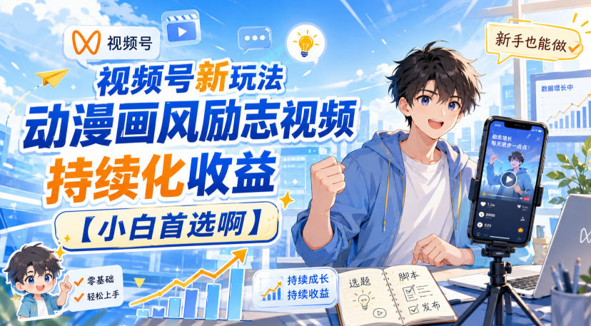 视频号新玩法动漫画风励志视频，持续化收益【小白首选啊】-选优云网创