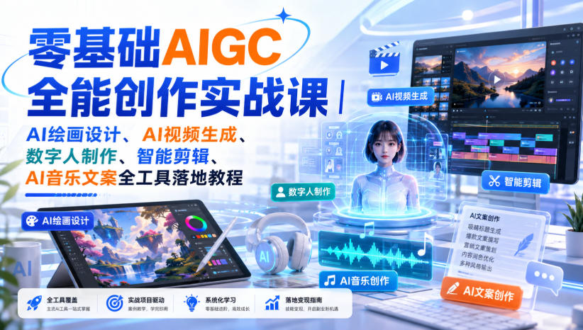 零基础AIGC全能创作实战课｜AI绘画设计、AI视频生成、数字人制作、智能剪辑、AI音乐文案全工具落地教程-选优云网创