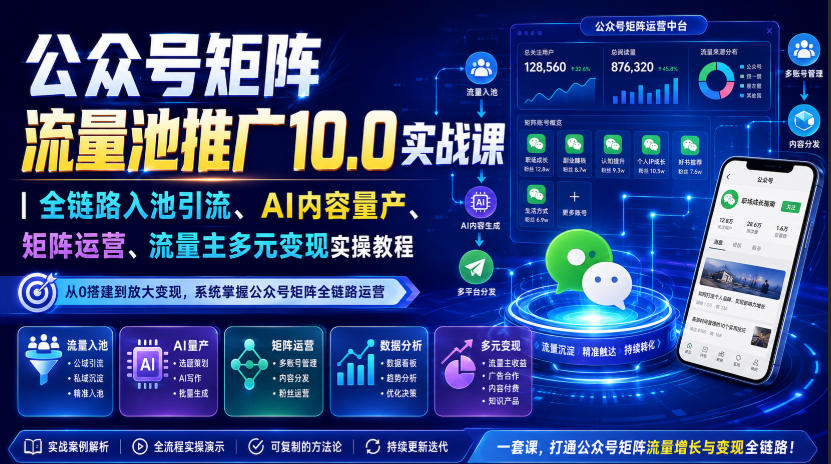 公众号矩阵流量池推广10.0实战课｜全链路入池引流、AI内容量产、矩阵运营、流量主多元变现实操教程-选优云网创