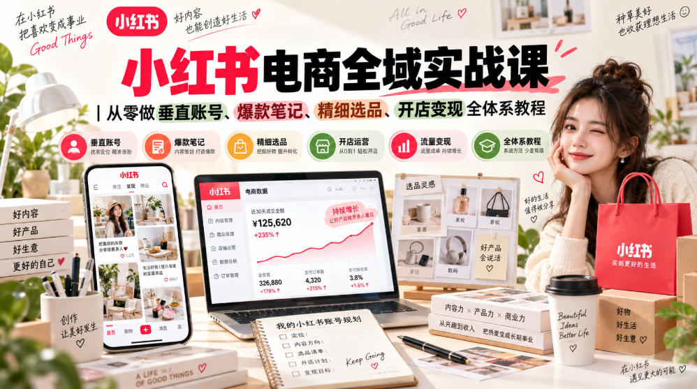 小红书电商全域实战课｜从零做垂直账号、爆款笔记、精细选品、开店变现全体系教程-选优云网创