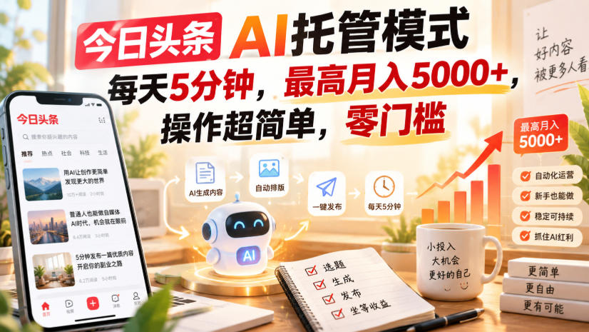 今日头条AI托管模式，每天5分钟，最高月入5000+，操作超简单，零门槛【揭秘】-选优云网创