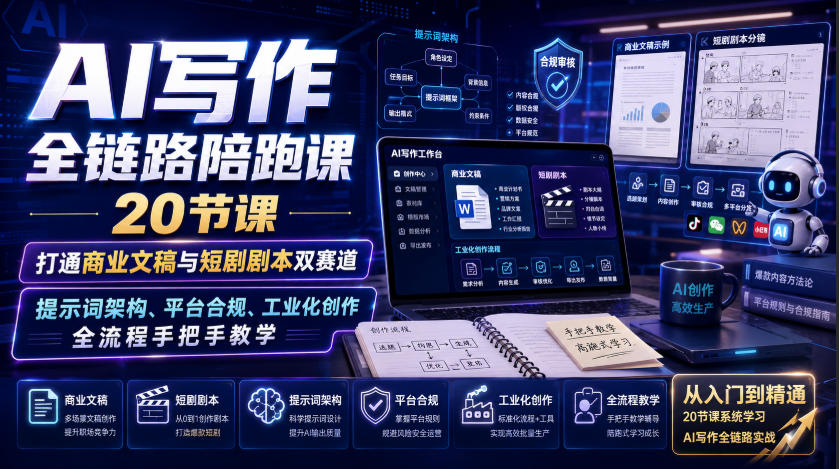 AI写作全链路陪跑课｜20节课打通商业文稿与短剧剧本双赛道，提示词架构、平台合规、工业化创作全流程手把手教学-选优云网创