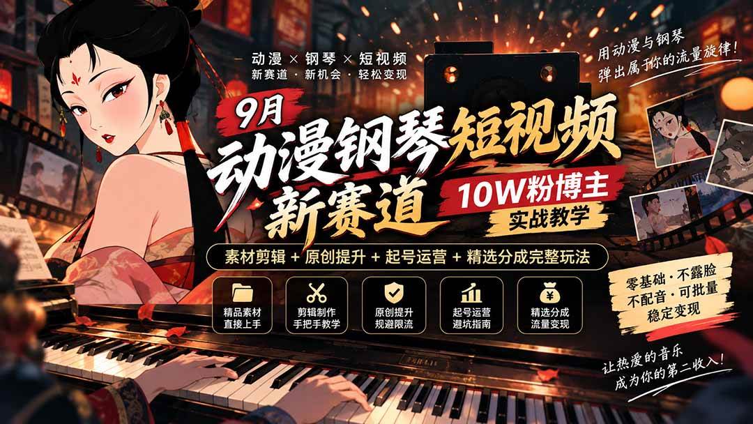（20506期）9月动漫钢琴短视频新赛道｜10W粉博主实战教学，素材剪辑+原创提升+起号运营+精选分成完整玩法-选优云网创
