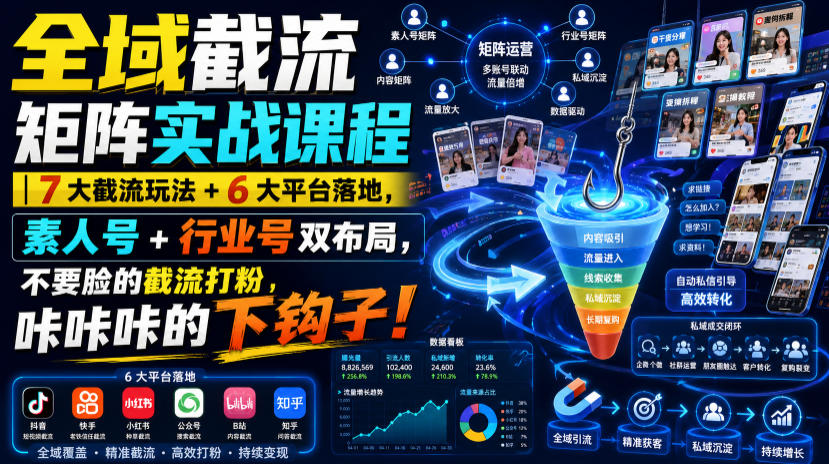 全域截流矩阵实战课程｜7大截流玩法+6大平台落地，素人号+行业号双布局，不要脸的截流打粉，咔咔咔的下钩子！-选优云网创
