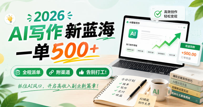 2026 AI写作新蓝海，一单500+，全程派单，附渠道，告别打工！【揭秘】-选优云网创