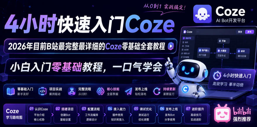 4小时快速入门Coze！2026年目前B站最完整最详细的Coze零基础全套教程，小白入门零基础教程，一口气学会！-选优云网创