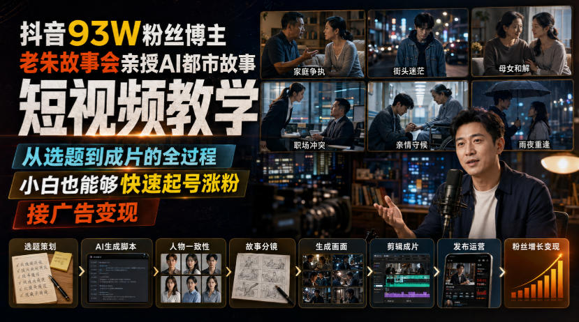 抖音93W粉丝博主老朱故事会亲授AI都市故事短视频教学，从选题到成片的全过程，小白也能够快速起号涨粉接广告变现-选优云网创