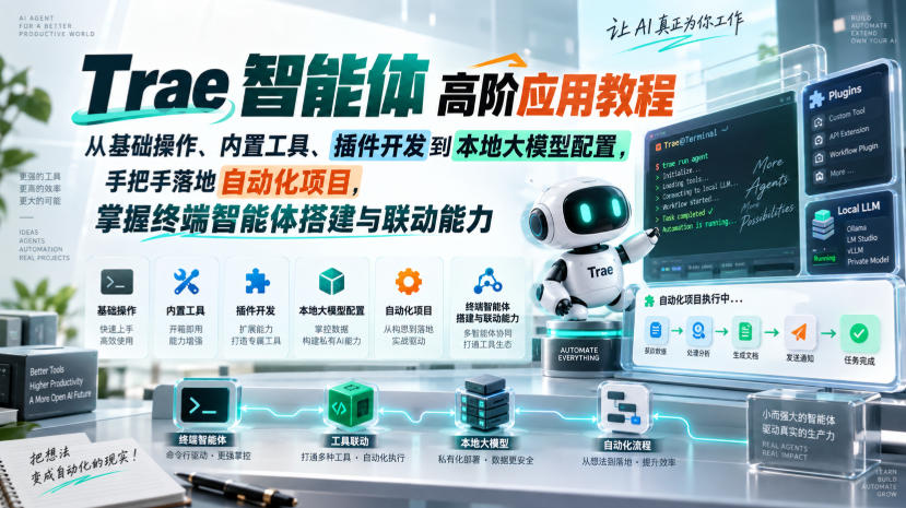 Trae智能体高阶应用教程，从基础操作、内置工具、插件开发到本地大模型配置，手把手落地自动化项目-选优云网创