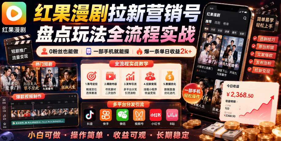 红果漫剧拉新营销号盘点玩法全流程实战，0粉丝也能做，一部手机就能做，爆一条单日收益2k+(更新0628)-选优云网创