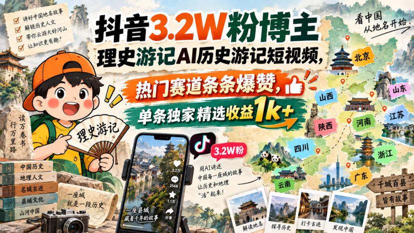 抖音3.2W粉博主理史游记AI历史游记短视频教学，热门赛道条条爆赞，单条独家精选收益1k+-选优云网创