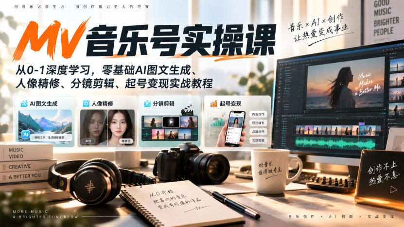 AI MV音乐号实操课，从0-1深度学习，零基础AI图文生成、人像精修、分镜剪辑、起号变现实战教程-选优云网创