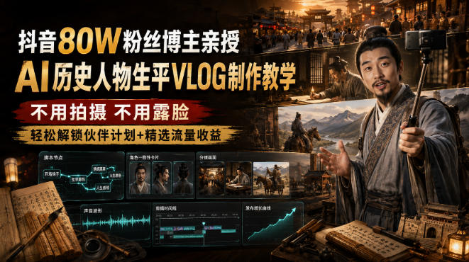 抖音80W粉丝博主的AI历史人物生平VLOG教学，不用拍摄不用露脸，AI帮你搞定，轻松解锁伙伴计划+精选收益-选优云网创