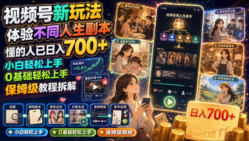 视频号新玩法体验不同人生副本，懂的人已日入700+，小白轻松上手，0基础轻松上手，保姆级教程拆解-选优云网创