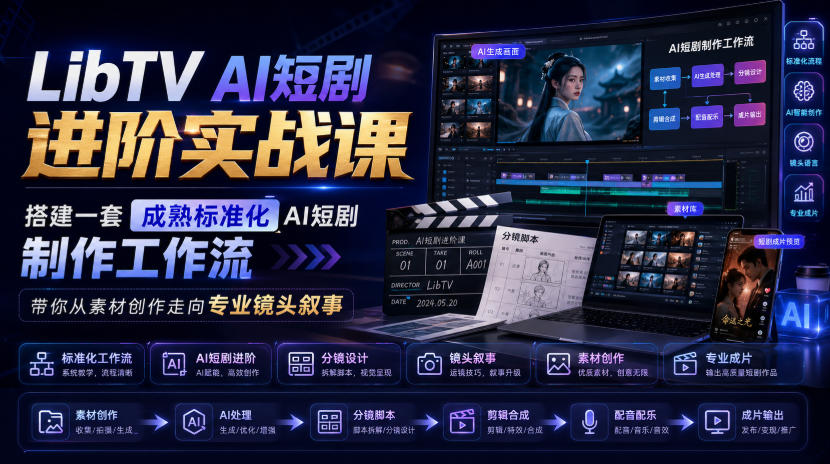 LibTV AI短剧进阶实战课，搭建一套成熟标准化AI短剧制作工作流，带你从素材创作走向专业镜头叙事-选优云网创