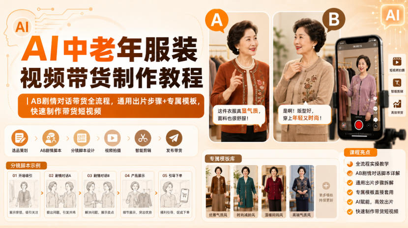 AI中老年服装视频带货制作教程｜AB剧情对话带货全流程，通用出片步骤+专属模板，快速制作带货短视频-选优云网创