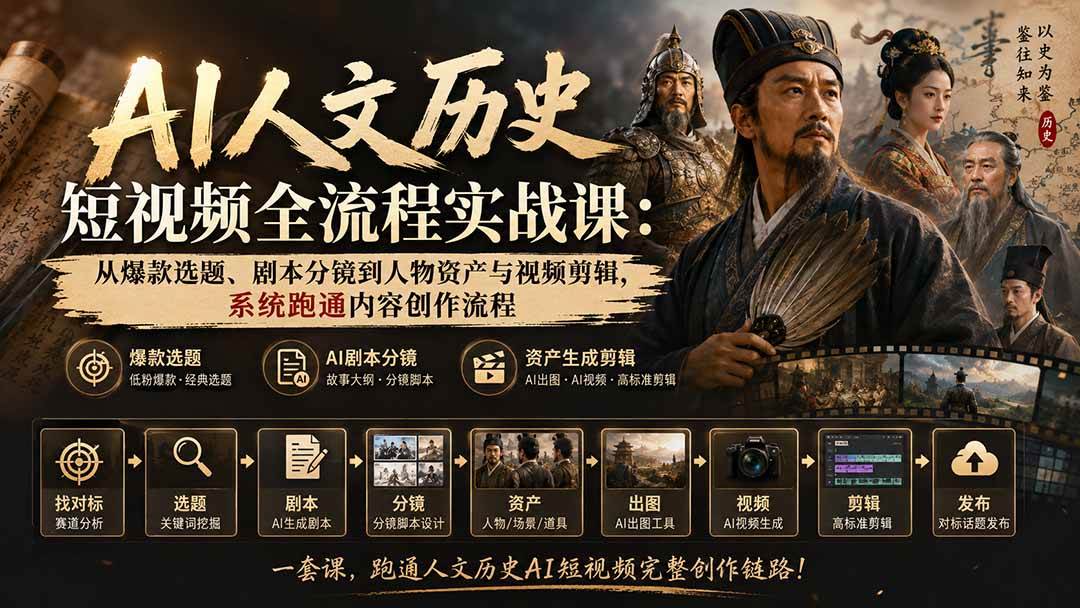 （20476期）AI人文历史短视频全流程实战课-更新：从爆款选题、剧本分镜到人物资产与视频剪辑，系统跑通内容创作流程-选优云网创