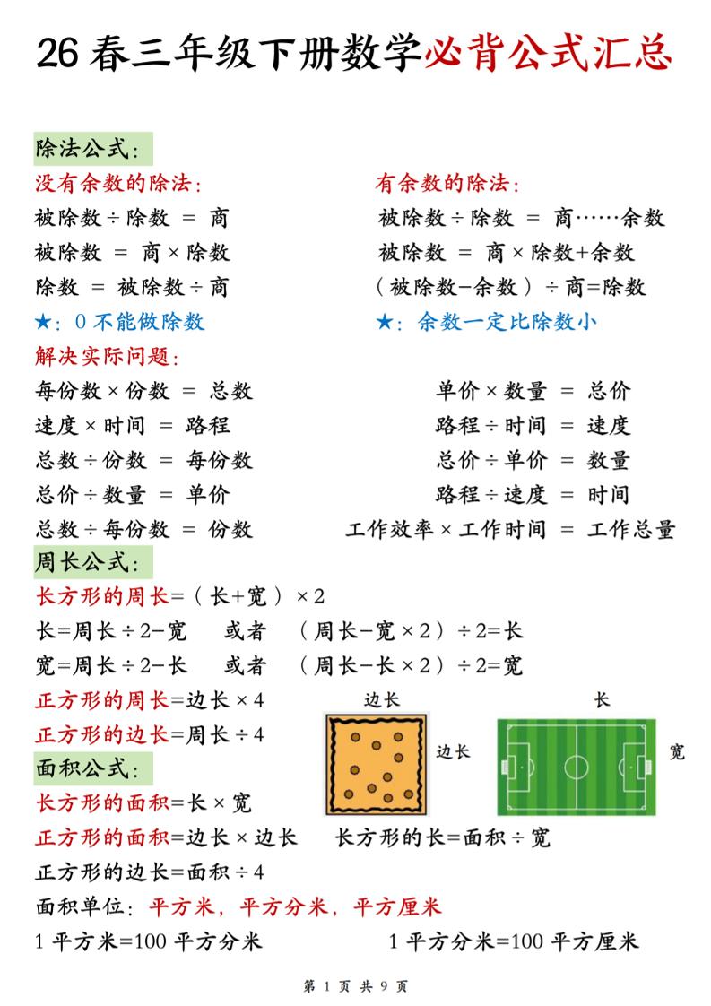 26春三年级下数学期末必背公式汇总-选优云网创