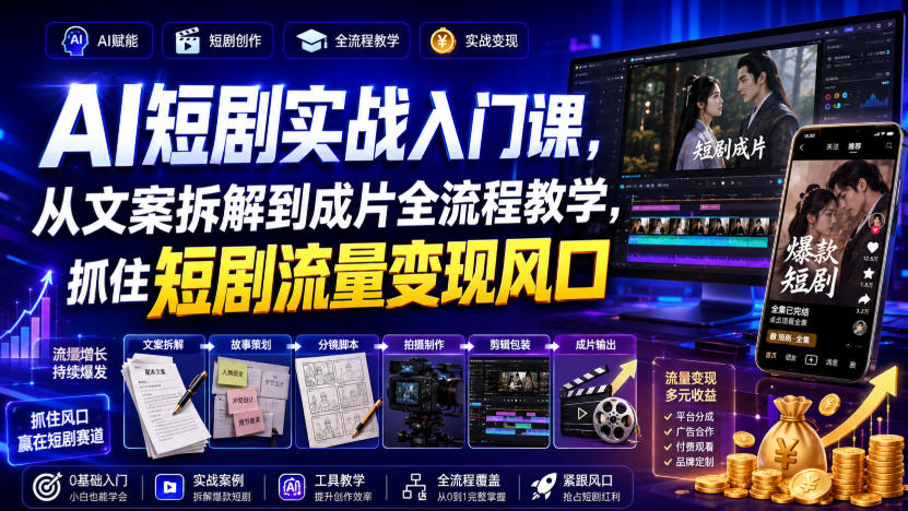 AI短剧实战入门课，从文案拆解到成片全流程教学，抓住短剧流量变现风口-选优云网创