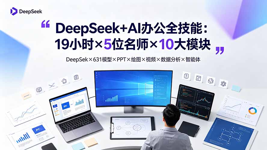 DeepSeek+AI办公全技能：19小时×5位名师×10大模块，DeepSeek×631模型×PPT×绘图×视频×数据分析×智能体-选优云网创