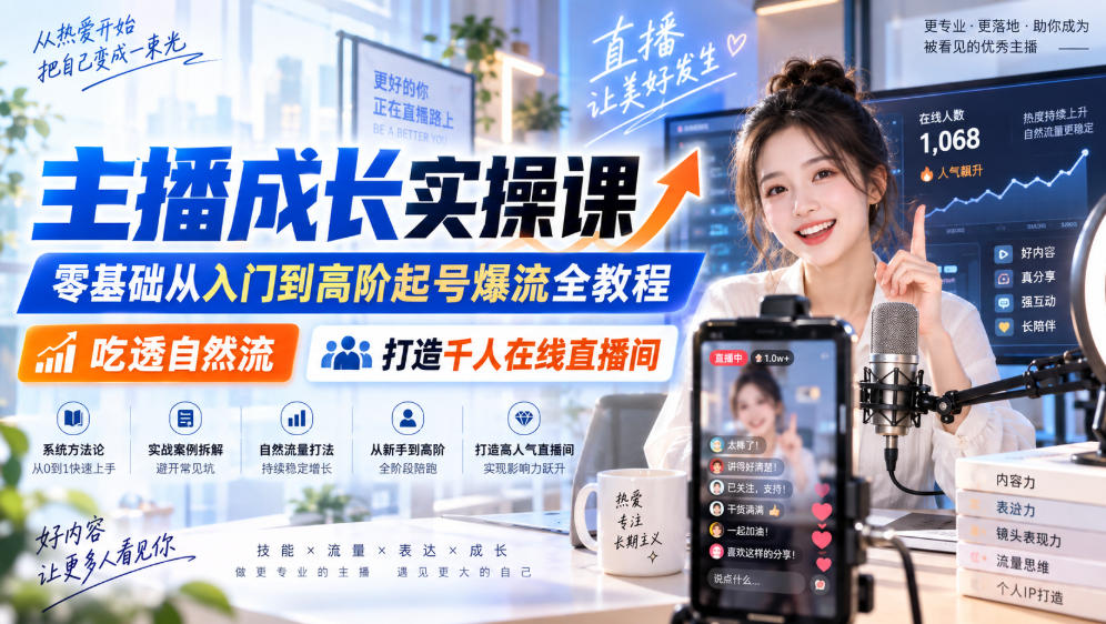 主播成长实操课｜零基础从入门到高阶起号爆流全教程，吃透自然流，打造千人在线直播间-选优云网创