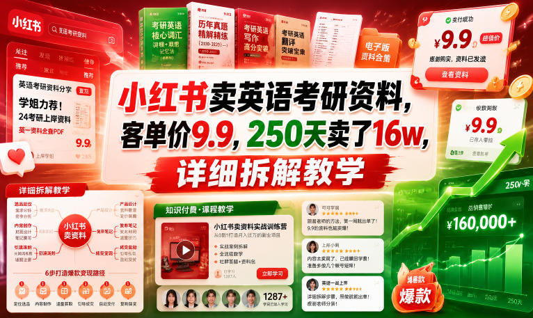 小红书卖英语考研资料，客单价9.9，250天卖了16w，详细拆解教学-选优云网创