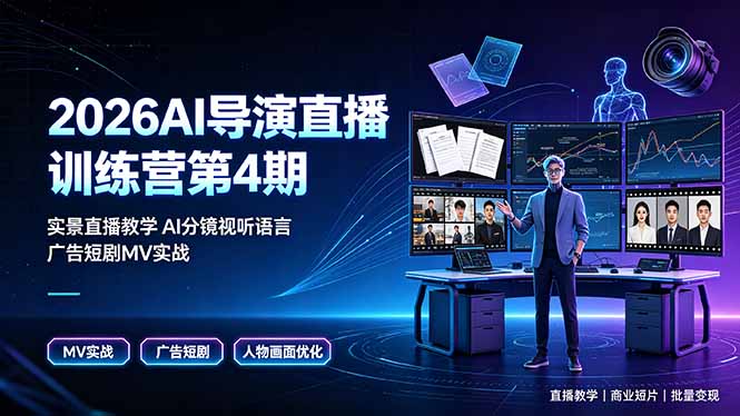 2026AI导演直播训练营第4期，实景直播教学AI分镜视听语言，广告短剧MV实战，解决人物画面崩坏痛点-选优云网创