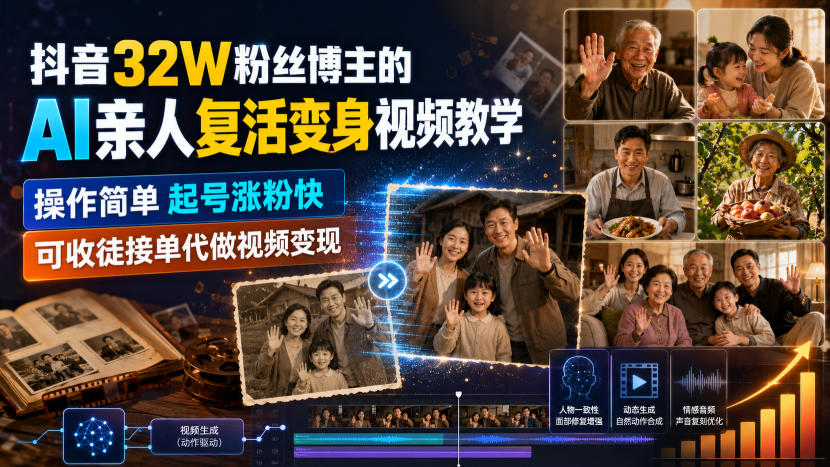 抖音32W粉丝博主的AI亲人复活变身视频教学，操作简单，起号涨粉快，可收徒接单代做视频变现-选优云网创