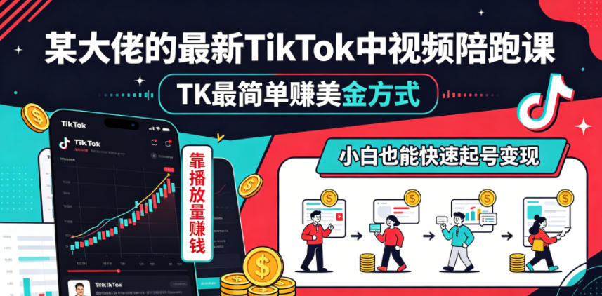 某大佬的最新TikTok中视频陪跑课，TK最简单賺美金方式，靠播放量賺钱，小白也能快速起号变现-选优云网创