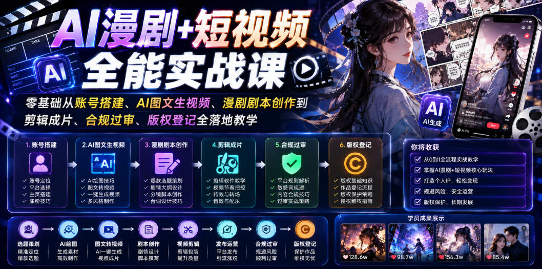 AI漫剧+短视频全能实战课｜零基础从账号搭建、AI图文生视频、漫剧剧本创作到剪辑成片、合规过审、版权登记全落地教学-选优云网创