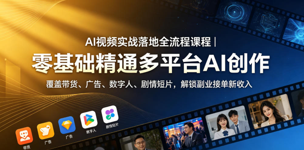 AI视频实战落地全流程课程｜零基础精通多平台AI创作，覆盖带货、广告、数字人、剧情短片，解锁副业接单新收入-选优云网创