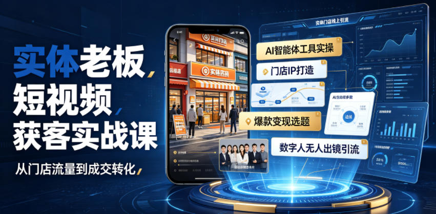 实体老板短视频获客实战课｜AI智能体工具全套实操、门店IP打造、爆款变现选题、数字人无人出镜引流完整教程-选优云网创