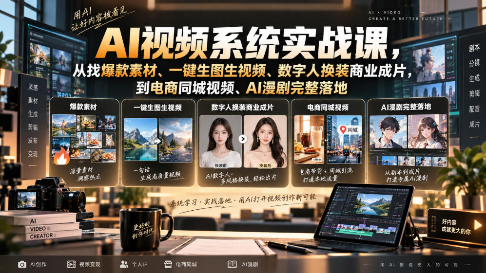 AI视频系统实战课，从找爆款素材、一键生图生视频、数字人换装商业成片，到电商同城视频、AI漫剧完整落地-选优云网创