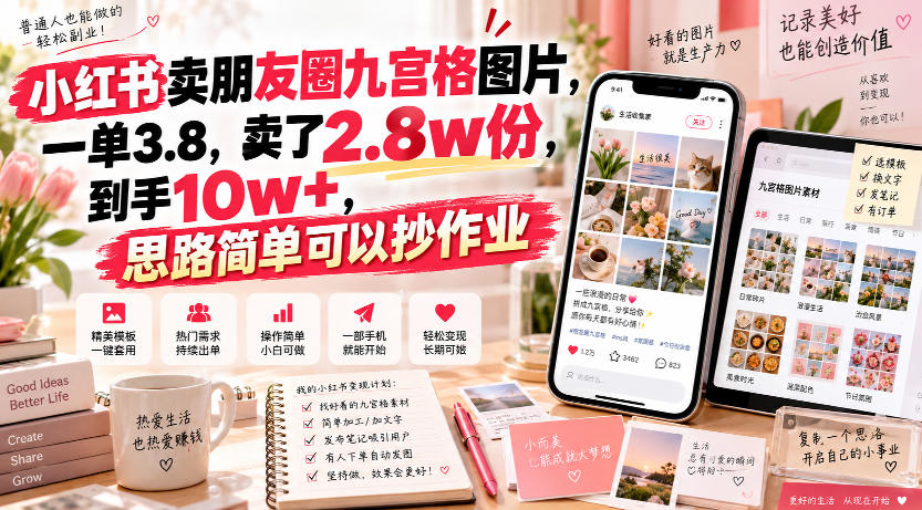 小红书卖朋友圈九宫格图片，一单3.8，卖了2.8w份，到手10w+，思路简单可以抄作业-选优云网创