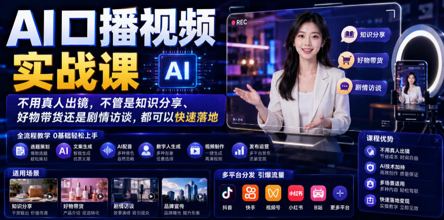 AI口播视频实战课，不用真人出镜，不管是知识分享、好物带货还是剧情访谈，都可以快速落地-选优云网创