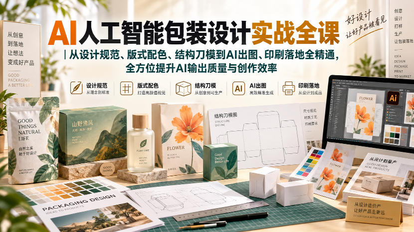 AI人工智能包装设计实战全课｜从设计规范、版式配色、结构刀模到AI出图、印刷落地全精通-选优云网创